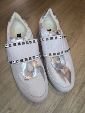 DKNY White & Silver Studded Slip-On Sneakers